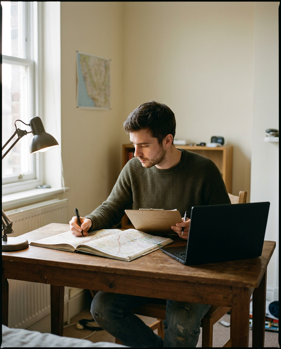 A broker at a plain desk with a laptop, a road atlas and a clipboard, working through a load